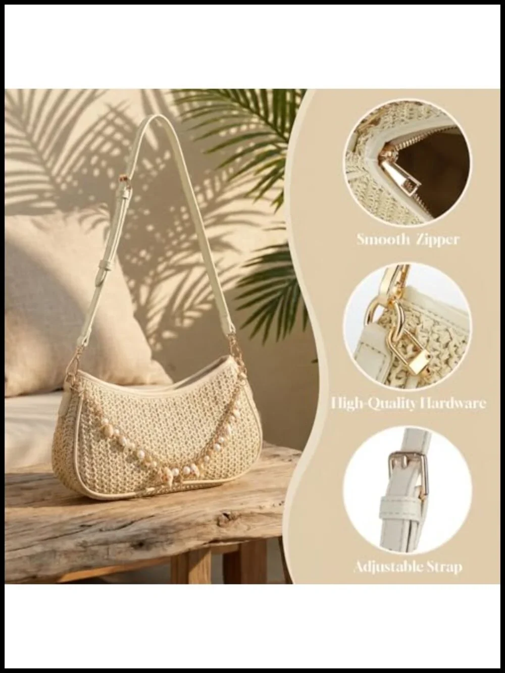 Woven Straw Shoulder Bag Boho Beaded Clutch Purse Summer Beach Vacation